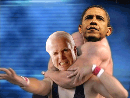     "...and there he goes! Getting McCain into a head-lock...not even health care can save McCain now..."